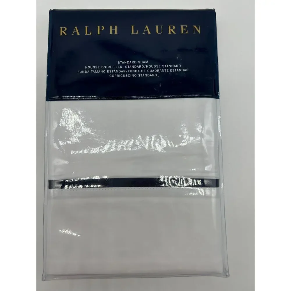 Ralph Lauren Palmer 100% Cotton Percale White Polo Navy Blue Standard Sham NEW